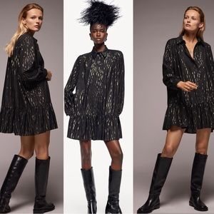 Zara black metallic gold threaded ruffle frill long sleeve baby doll dress Sz L